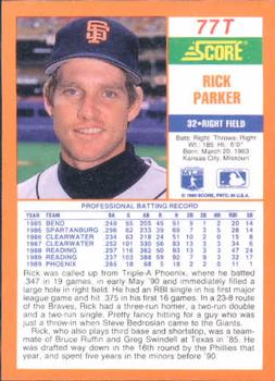 1990 Score Rookie & Traded #77T Rick Parker Back