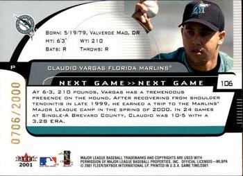 2001 Fleer Game Time #106 Claudio Vargas Back