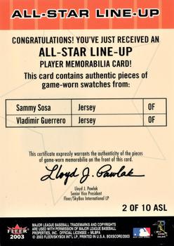 2003 Fleer Box Score - All-Star Line-Up Game-Used #2 ASL Barry Bonds / Sammy Sosa / Vladimir Guerrero Back