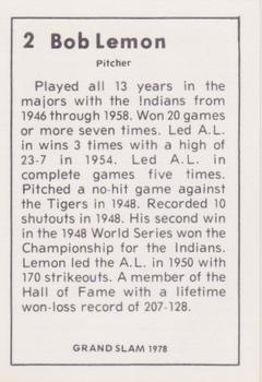 1978 Grand Slam #2 Bob Lemon Back