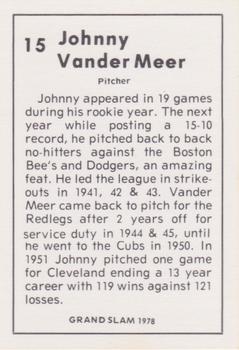 1978 Grand Slam #15 Johnny Vander Meer Back