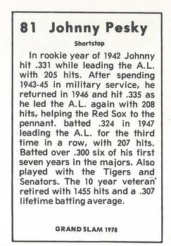 1978 Grand Slam #81 Johnny Pesky Back