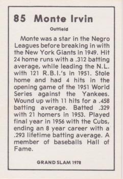 1978 Grand Slam #85 Monte Irvin Back