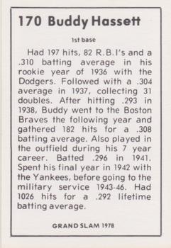 1978 Grand Slam #170 Buddy Hassett Back