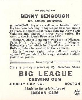 1982 Dover Publications Reprints American League #1 Benny Bengough Back