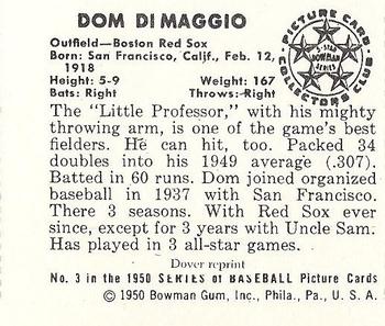 1982 Dover Publications Reprints American League #3 Dom DiMaggio Back