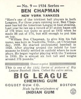 1982 Dover Publications Reprints American League #9 Ben Chapman Back