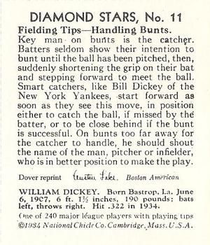 1982 Dover Publications Reprints American League #11 Bill Dickey Back