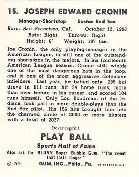 1982 Dover Publications Reprints American League #15 Joe Cronin Back