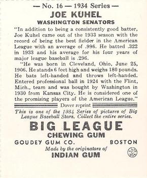 1982 Dover Publications Reprints American League #16 Joe Kuhel Back