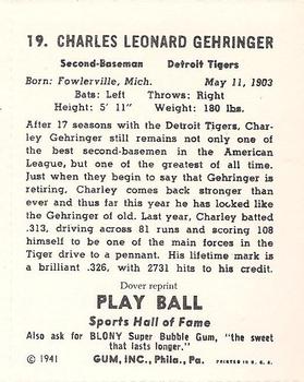 1982 Dover Publications Reprints American League #19 Charlie Gehringer Back