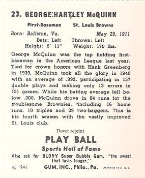 1982 Dover Publications Reprints American League #23 George McQuinn Back