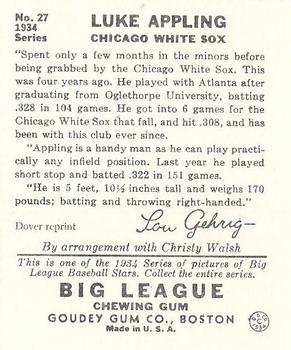 1982 Dover Publications Reprints American League #27 Luke Appling Back