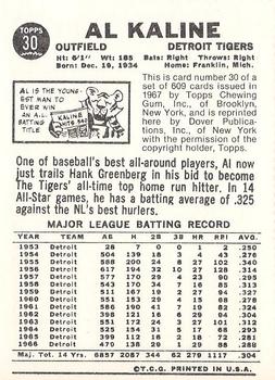 1982 Dover Publications Reprints American League #30 Al Kaline Back