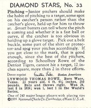 1982 Dover Publications Reprints American League #33 Schoolboy Rowe Back