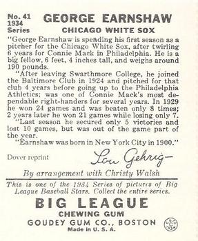 1982 Dover Publications Reprints American League #41 George Earnshaw Back