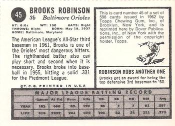 1982 Dover Publications Reprints American League #45 Brooks Robinson Back