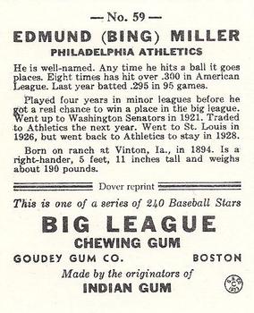 1982 Dover Publications Reprints American League #59 Bing Miller Back