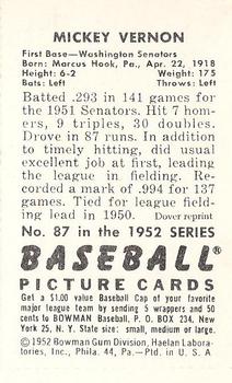 1982 Dover Publications Reprints American League #87 Mickey Vernon Back