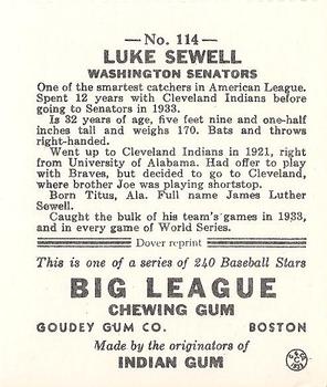 1982 Dover Publications Reprints American League #114 Luke Sewell Back