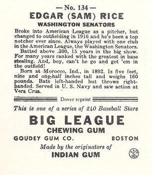 1982 Dover Publications Reprints American League #134 Sam Rice Back