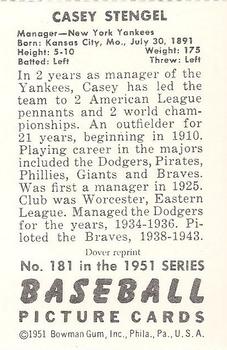 1982 Dover Publications Reprints American League #181 Casey Stengel Back