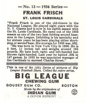 1982 Dover Publications Reprints National League #13 Frankie Frisch Back