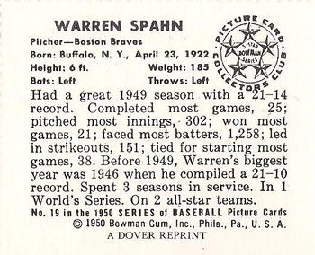 1982 Dover Publications Reprints National League #19 Warren Spahn Back