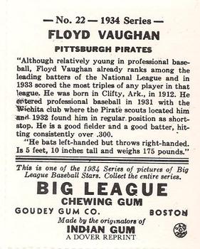 1982 Dover Publications Reprints National League #22 Arky Vaughan Back