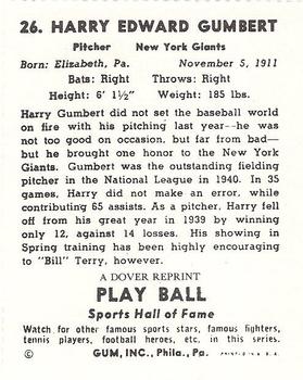 1982 Dover Publications Reprints National League #26 Harry Gumbert Back