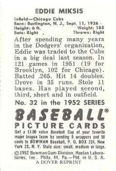 1982 Dover Publications Reprints National League #32 Eddie Miksis Back