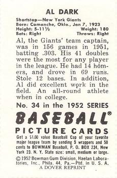 1982 Dover Publications Reprints National League #34 Alvin Dark Back