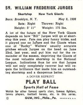 1982 Dover Publications Reprints National League #59 Billy Jurges Back