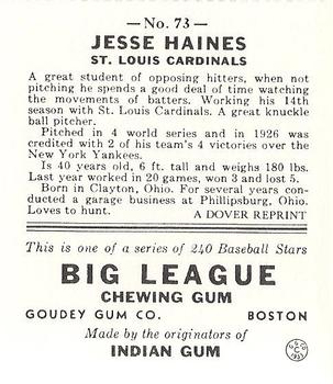 1982 Dover Publications Reprints National League #73 Jesse Haines Back