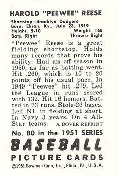 1982 Dover Publications Reprints National League #80 Pee Wee Reese Back