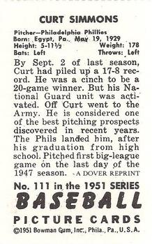 1982 Dover Publications Reprints National League #111 Curt Simmons Back