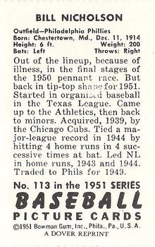 1982 Dover Publications Reprints National League #113 Bill Nicholson Back