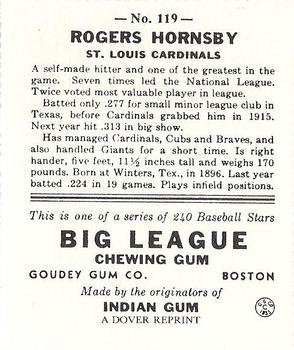 1982 Dover Publications Reprints National League #119 Rogers Hornsby Back