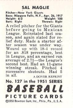 1982 Dover Publications Reprints National League #127 Sal Maglie Back