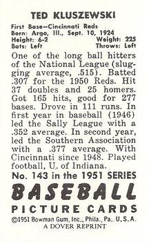 1982 Dover Publications Reprints National League #143 Ted Kluszewski Back