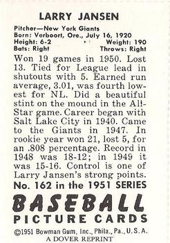 1982 Dover Publications Reprints National League #162 Larry Jansen Back
