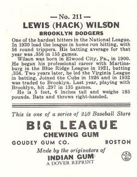 1982 Dover Publications Reprints National League #211 Hack Wilson Back