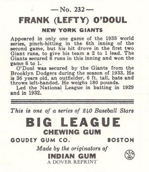 1982 Dover Publications Reprints National League #232 Lefty O'Doul Back