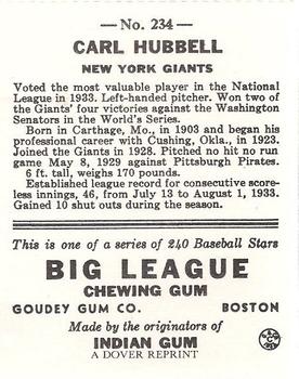 1982 Dover Publications Reprints National League #234 Carl Hubbell Back
