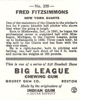 1982 Dover Publications Reprints National League #235 Fred Fitzsimmons Back