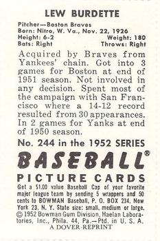 1982 Dover Publications Reprints National League #244 Lew Burdette Back