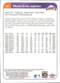 2001 Fleer Greats of the Game #17 Monte Irvin Back