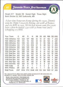 2001 Fleer Greats of the Game #27 Jimmie Foxx Back
