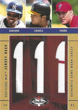 2003 Fleer Box Score - Jersey Rack Trios #NNO Alfonso Soriano / Eric Chavez / Jim Thome Front