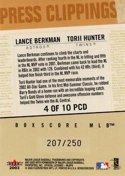 2003 Fleer Box Score - Press Clippings Dual #4 PCD Lance Berkman / Torii Hunter Back